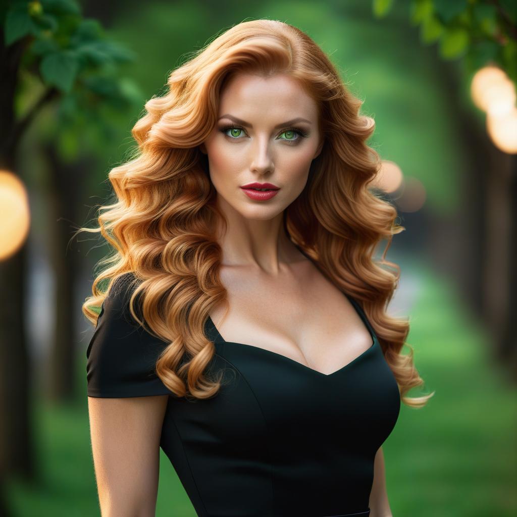  cinematic photo a beautiful woman in her late twenties, long wavy strawberry blonde hair and bright green eyes. a short yet sophisticated tight black dress. . 35mm photograph, film, bokeh, professional, 4k, highly detailed hyperrealistic, full body, detailed clothing, highly detailed, cinematic lighting, stunningly beautiful, intricate, sharp focus, f/1. 8, 85mm, (centered image composition), (professionally color graded), ((bright soft diffused light)), volumetric fog, trending on instagram, trending on tumblr, HDR 4K, 8K