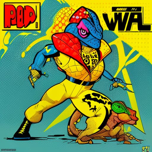  chameleon in yellow vest, logo, (pop art) bright colors ,comic style ,mass culture references