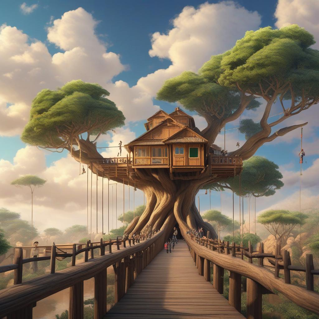  In a desert, there is a huge tree, the top of the tree through the clouds, canopy coverage area can reach more than ten kilometers, under the canopy hanging a variety of wooden houses, wooden houses connected together by wooden cable bridge, there are children chasing and playing on the bridge.