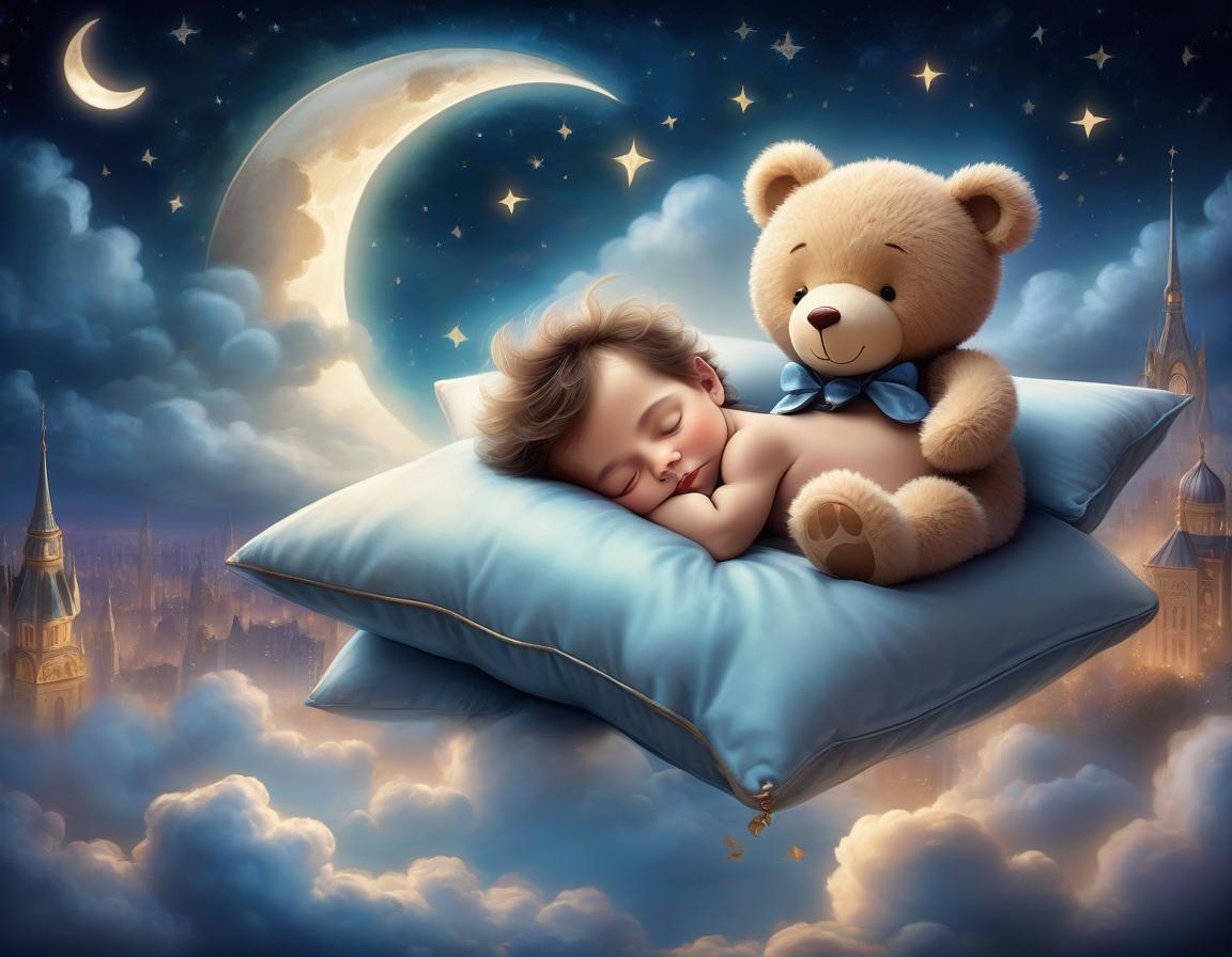  a little baby boy sleeps sweetly on a big soft pillow hugging a teddy bear, and the pillow magically flies and hovers over a fabulous night city, flying over the clouds that slightly cover the fabulous crescent moon in the sky, fairytale atmosphere, high quality image with paints using digital painting