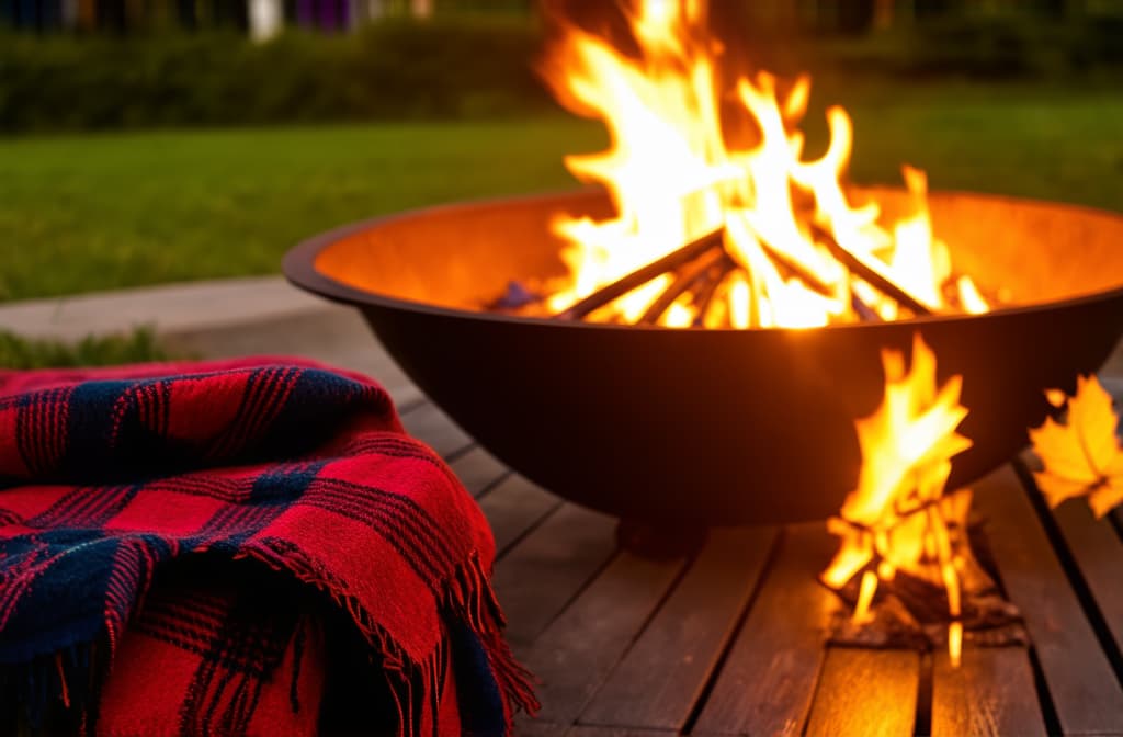  cinematic film style, a cozy outdoor setting with a warm fire pit and a plaid blanket next to it. warm fire pit for a relaxing fall feel. ar 3:2, shallow depth of field, vignette, maximum details, high budget hollywood movie, bokeh, cinemascope, moody, epic, gorgeous, sun rays and shadows on furniture and surfaces, flattering light, raw photo, photography, photorealistic, 8k resolution, f1.4, sharpened focus, sharp focus