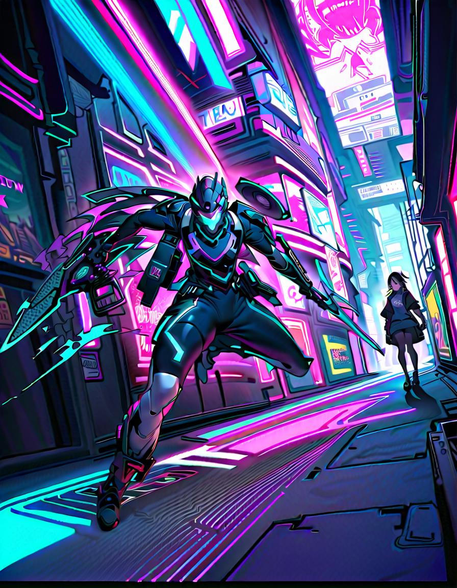  young, handsome,, holding a weapon,, dynamic, break colorful, cyberpunk, neon city, graffiti covered streets,, neon signs, flying drones, holographic billboards, weapons shop, break futuristic, energetic, bright neon lights, speed lines, futuristic holographic effects, art by mooncryptowow