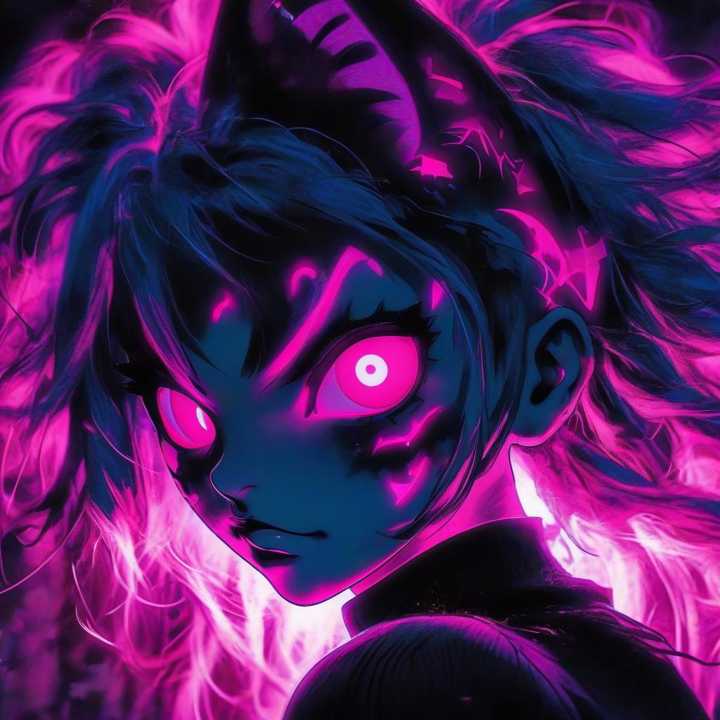  a close up of a person with blue hair, metal cat ears and glowing eyes, anime picture, deep crimson and dark shadows, perfect female body silhouette, bitcoin evil, ((pink)), style of madhouse anime, portrait of evil girl, it is night, looming head, glowneon