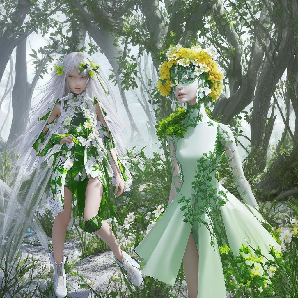  modern futuristic spring no model no human fashion sprouting dress as flower clother and natuke as one mash up clothes as nature