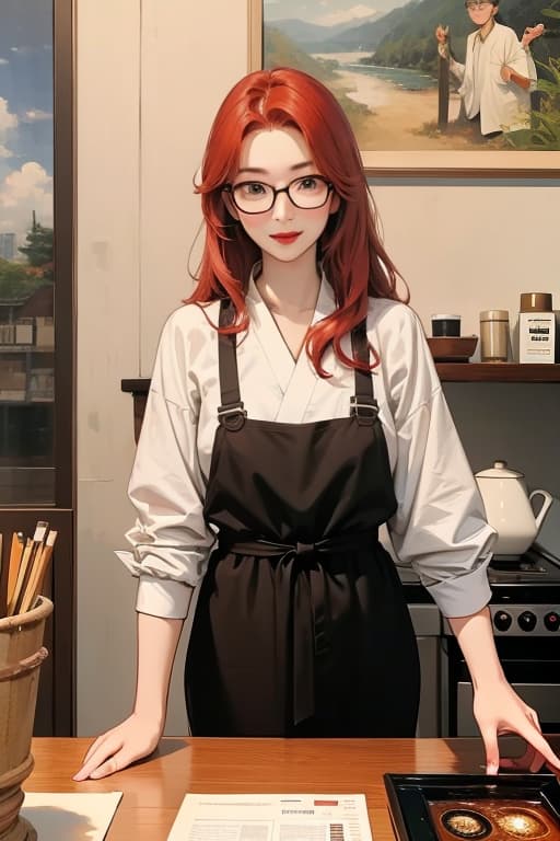  red haired asian woman wearing glasses makes coffee in a japanese style coffee shop., bichu,oil painting,impressionism advertising photo,high quality, good proportion, masterpiece , the image is captured with an 8k camera