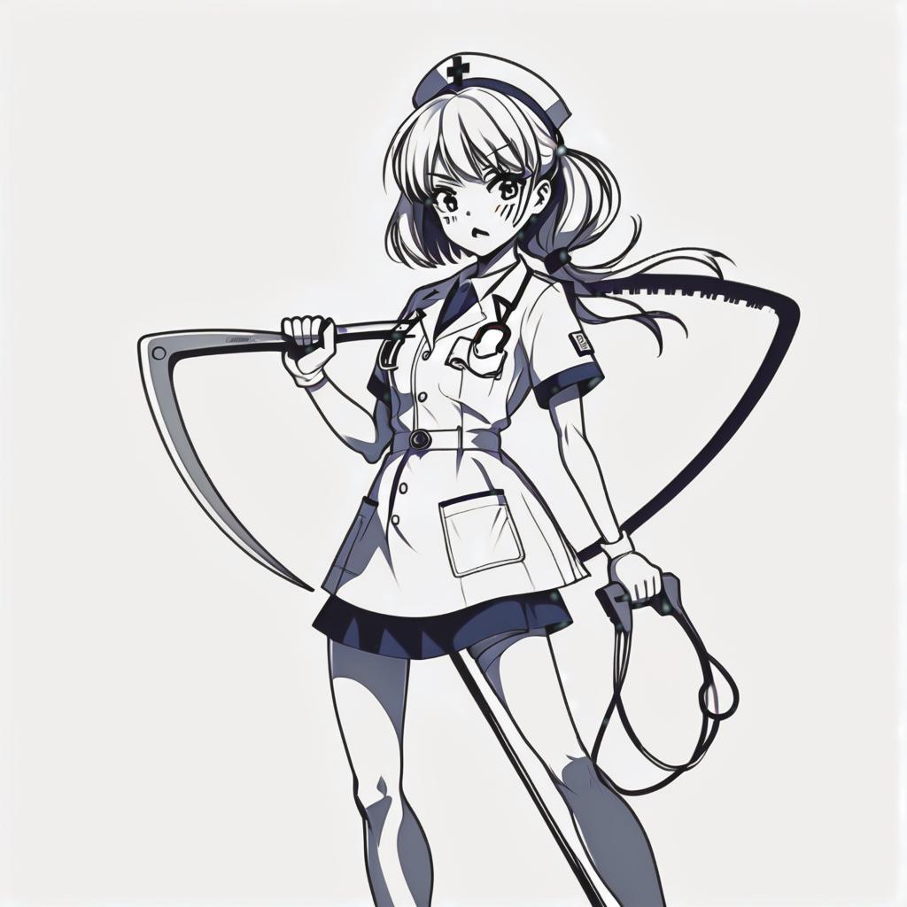  line art drawing nurse girl with hacksaw, horror theme, battle stance, , same nightmare. anime style . professional, sleek, modern, minimalist, graphic, line art, vector graphics