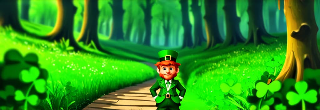  professional detailed photography, banner st. patrick's day. a little cartoon leprechaun with red hair in a green suit and a green hat stands on a forest path surrounded by shamrocks. design for postcards, flyers ar 3:1, (muted colors, dim colors, soothing tones), (vsco:0.3)