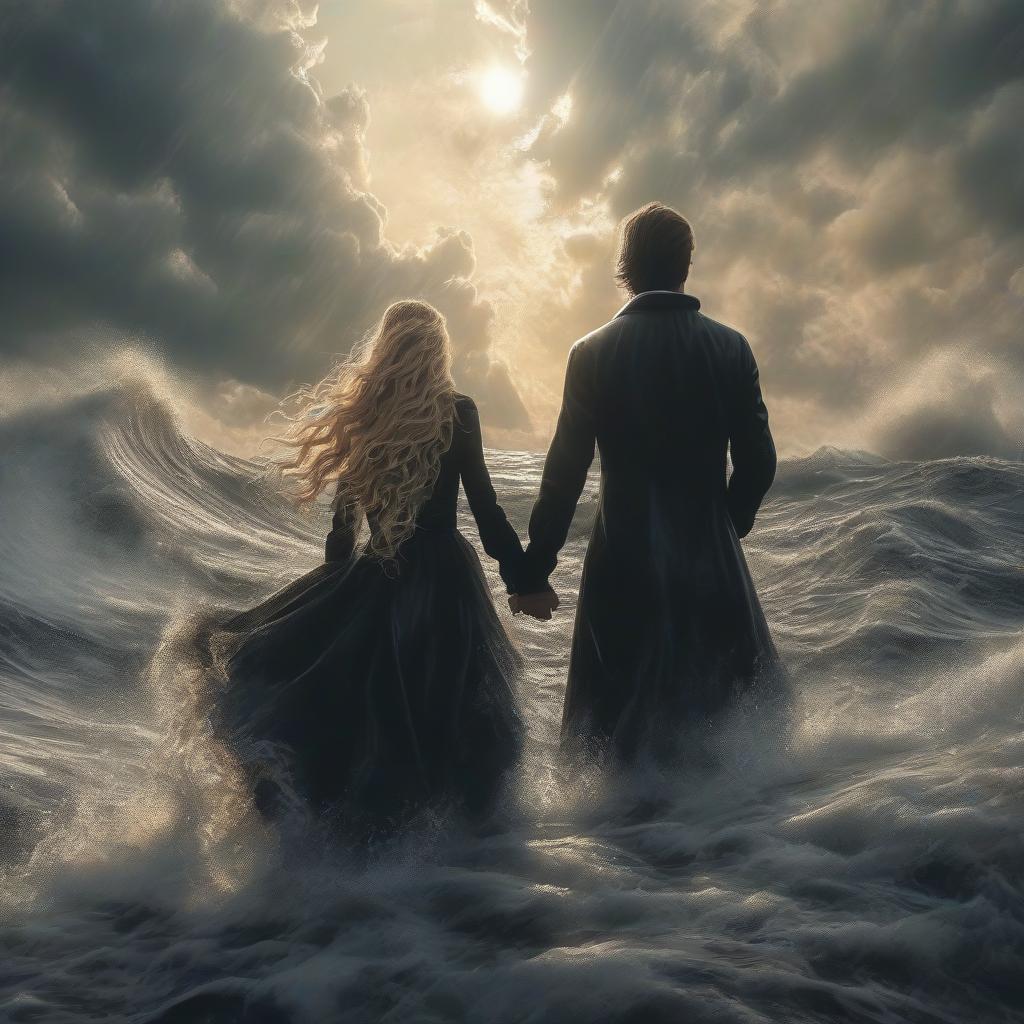  hyperrealistic art a man and a girl stand with their backs. they hold hands and enter the raging sea. water surrounds them. high waves around. the girl has a long black dress with a long sleeve and long blonde hair. her hair and dress develop in the wind. the man has dark hair. he's wearing a leather jacket and jeans. the sun shines through the clouds, but the sea is dark. clouds are important. they're moving towards the light. style of illustration . extremely high resolution details, photographic, realism pushed to extreme, fine texture, incredibly lifelike