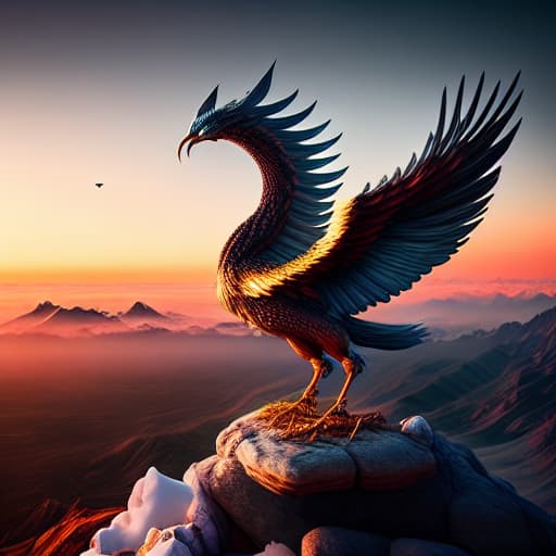  the legendary Phoenix in the sky hyperrealistic, full body, detailed clothing, highly detailed, cinematic lighting, stunningly beautiful, intricate, sharp focus, f/1. 8, 85mm, (centered image composition), (professionally color graded), ((bright soft diffused light)), volumetric fog, trending on instagram, trending on tumblr, HDR 4K, 8K