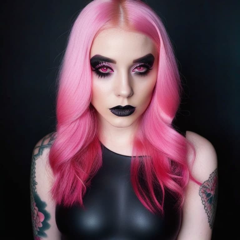  4 age women,full body shot portrait horrifying scary pale long pink hair ,full white eyes, black lips, black dripping eyeshadow tattoos,in pink cotton with pink trim