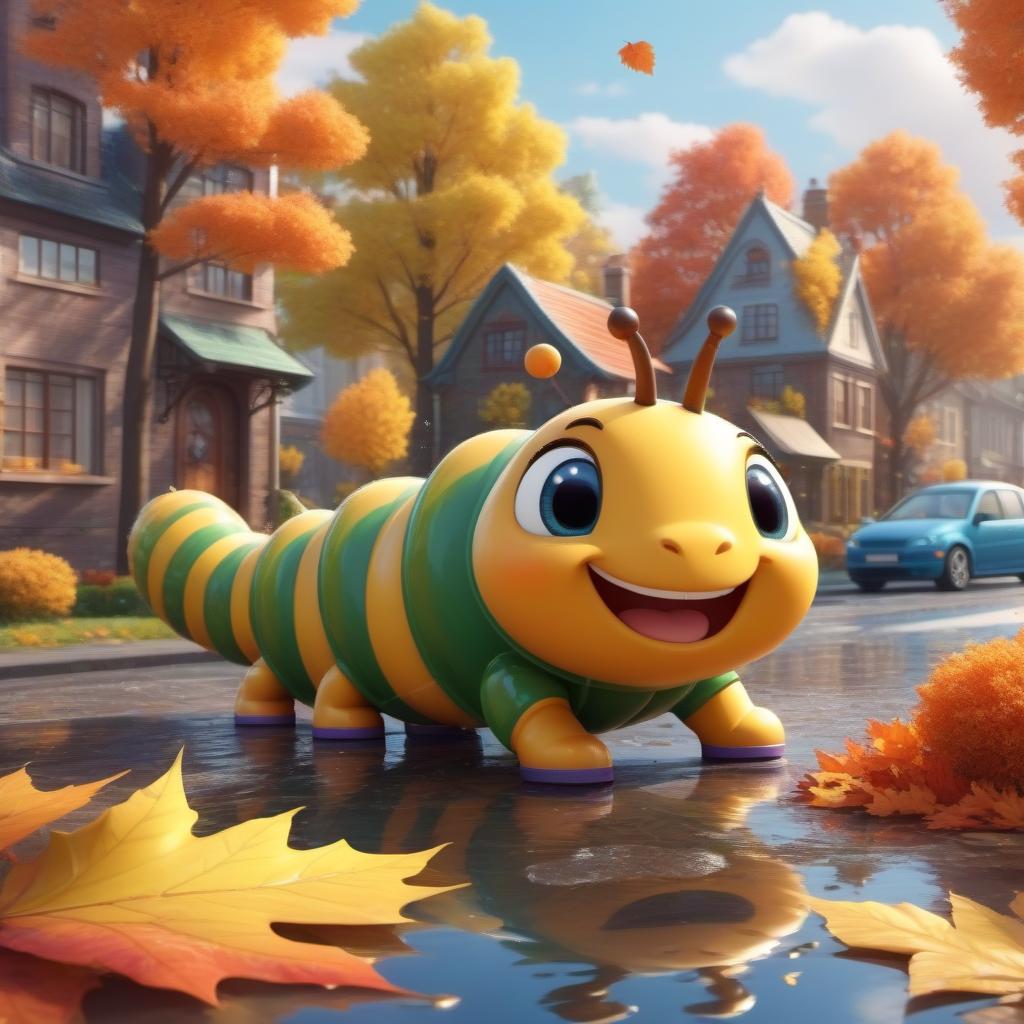  A cute cartoon caterpillar in bright rubber boots walks through puddles against the background of an autumn city, a bright dynamic picture in the style of a kortoon