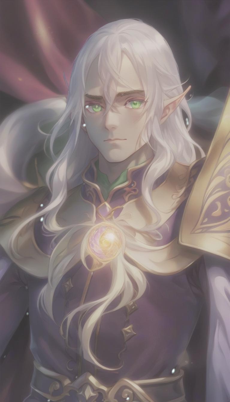  anime artwork man, elf, long white hair, green eyes, purple clothes . anime style, key visual, vibrant, studio anime, highly detailed