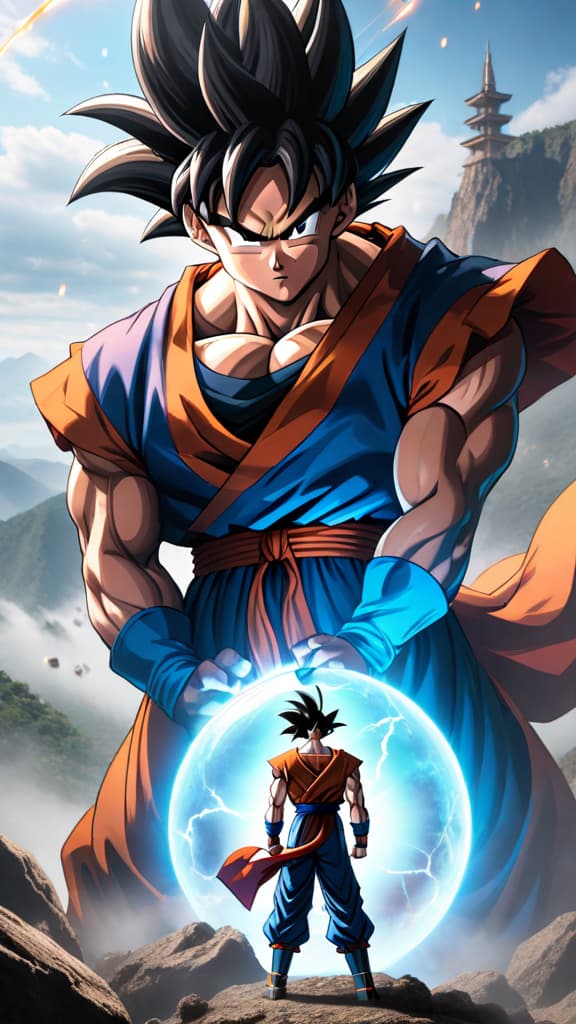  create an anime art of goku's spirit bomb gathering energy from various universes, showcasing immense power. hyperrealistic, full body, detailed clothing, highly detailed, cinematic lighting, stunningly beautiful, intricate, sharp focus, f/1. 8, 85mm, (centered image composition), (professionally color graded), ((bright soft diffused light)), volumetric fog, trending on instagram, trending on tumblr, HDR 4K, 8K