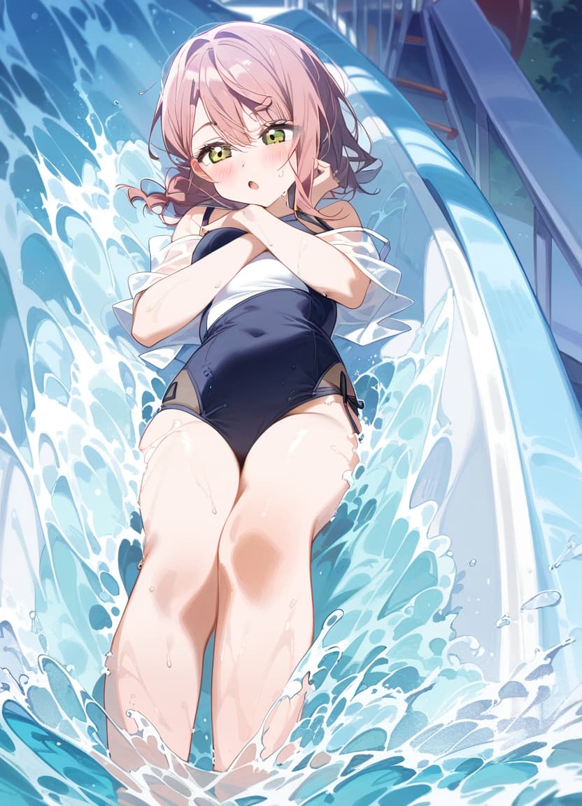  1, uehara ayumu, love live nijigasaki high idol club, sliding down a water slide, water slide, compeion , :o, masterpiece, best quality, very aesthetic, absurdres, feet out of frame . best quality, high resolution