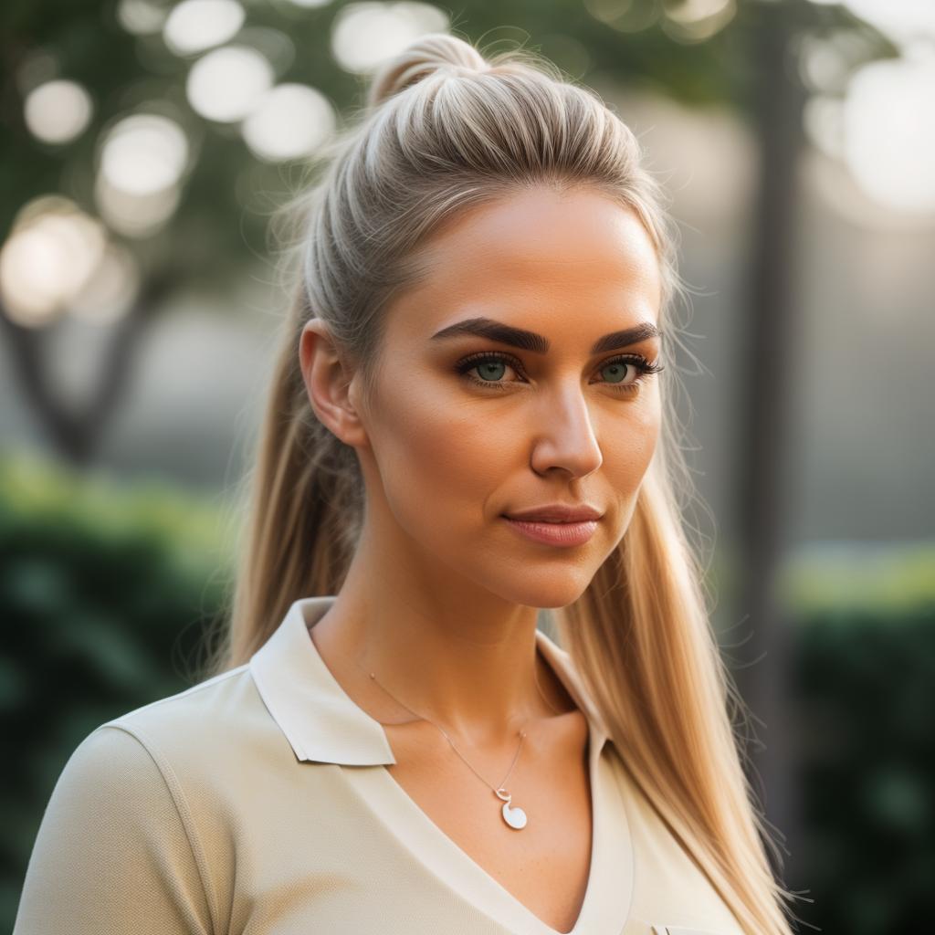  (((realistic full torso frontal head shot of a light beige to medium tan skin tone woman))), evelyn molly hahn, ((caucasian heritage)), immature face, green eye color, ((ponytail hair style)), ((blonde hair color)), ((athletic body type)), medium size, athletic size, (immature slightly upturned nose), (immature high cheekbones), (immature defined jawline), (immature full lips), (immature broad forehead), (immature symmetrical face), (immature arched eyebrows), standing straight looking directly into the camera,((wearing fitted polo shirt with deep v neck and monogrammed pocket)), backyard in background, 1, best quality, highest quality, award winning photo, masterpiece, raw, professional photography, photorealism, sharp hyperrealistic, full body, detailed clothing, highly detailed, cinematic lighting, stunningly beautiful, intricate, sharp focus, f/1. 8, 85mm, (centered image composition), (professionally color graded), ((bright soft diffused light)), volumetric fog, trending on instagram, trending on tumblr, HDR 4K, 8K