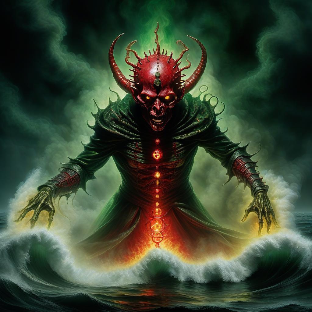  nautical themed demon hellraiser alien in a mantle flowing red mucus in wounds and white smoke red rings of light green yellow fire in the darkness of horror . sea, ocean, ships, maritime, beach, marine life, highly detailed