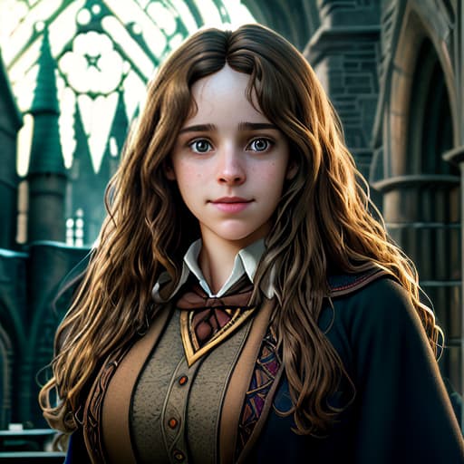  hermione granger , huge , big , bent forward, with long brown hair standing, next to her magic, behind hogwarts , photorealistic, hyperrealistic, hyperdetailed, analog style, demure, detailed skin, pores, smirk, smiling eyes, matte skin, soft lighting, subsurface scattering, realistic, heavy shadow, masterpiece, best quality, ultra realistic, 8k, golden ratio, intricate, high detail, film photography, soft focus