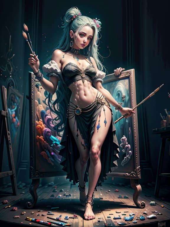  master piece, best quality, ultra detailed, highres, 4k.8k, Young , Striking a pose, modeling , Showing ecstasy, BREAK Young s at art cl, Art clroom, Easel, palette, paintbrushes, art supplies, BREAK Creative and vint, Soft lighting, artistic filter, fantasy00d,GemstoneAI