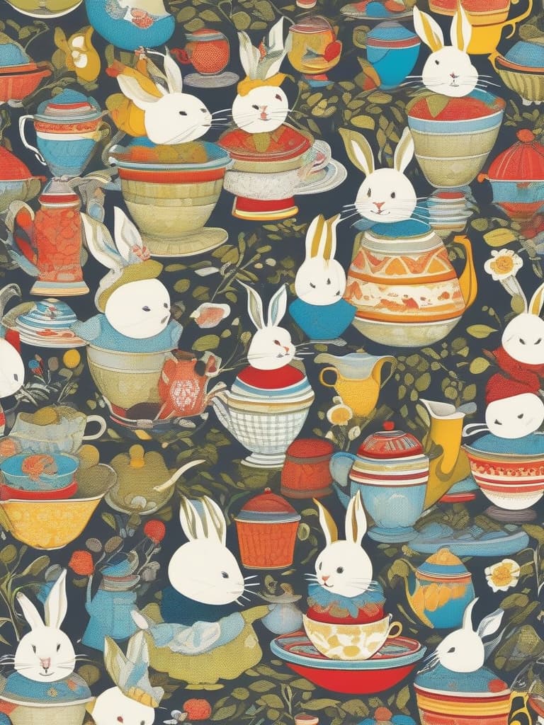  masterpiece,humpty dumpty,rabbit,tea party,colorful,dramatic,simple,simple lines,easy pattern