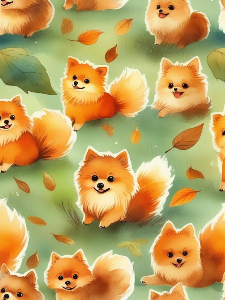  watercolor style,one animal,orange,cute pomeranian,chestnut field,chestnut ball falling,chestnut dead leaves falling,masterpiece,high quality,8k