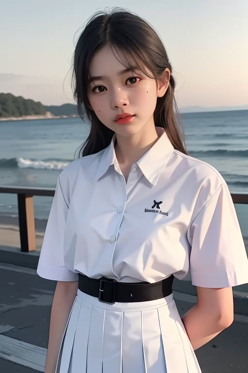  closeup upper body big s no age morning light with beach background, ((mathayom uniform)),black pleated ,white shirt short sleeves,the photograph has a cinematic quality to it, with dramatic lighting that emphasizes the beauty of the model advertising photo,high quality, good proportion, masterpiece , the image is captured with an 8k camera