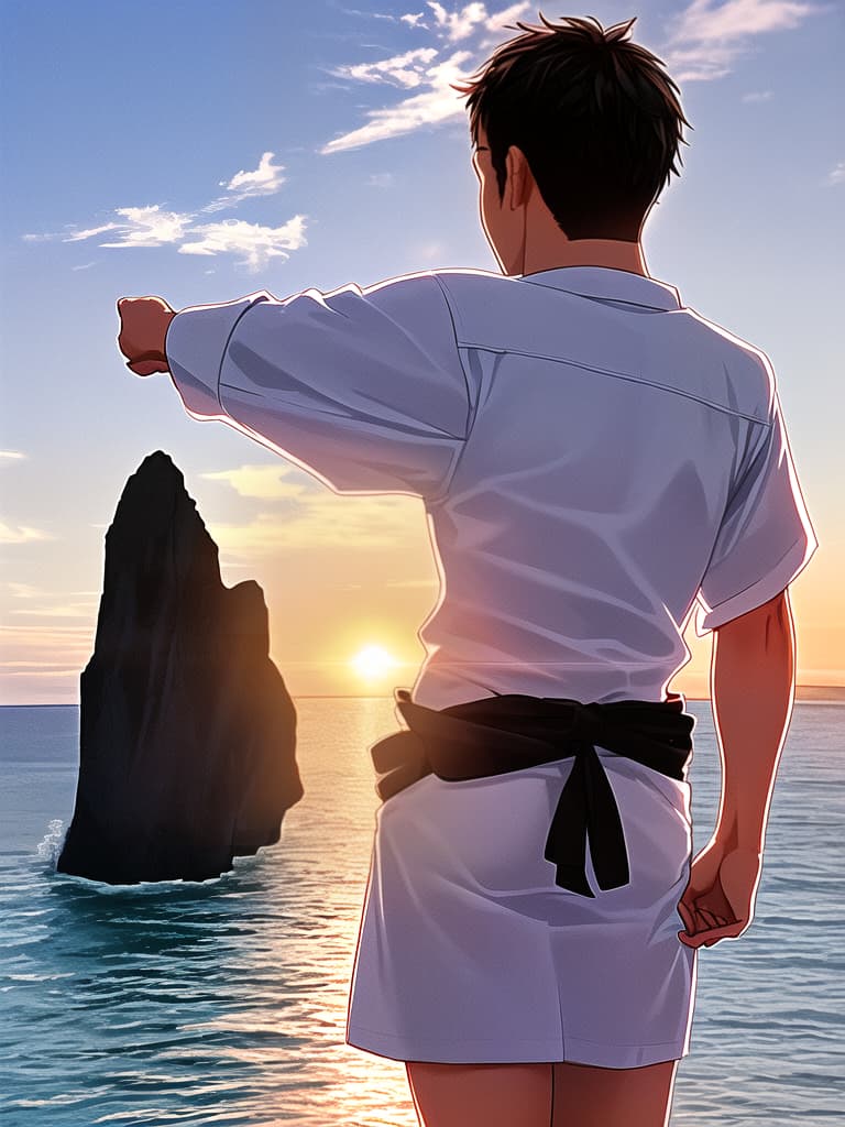  Close up of the silhouette of a man doing Thai Chi on a cliff overlooking the ocean with a sunrise in the background. RAW, realistic