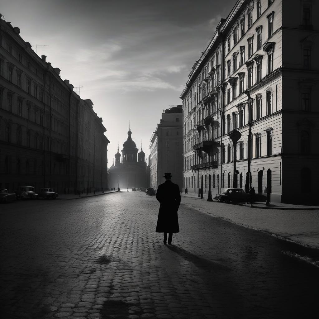  film noir style panorama of old st. petersburg. . monochrome, high contrast, dramatic shadows, 1940s style, mysterious, cinematic