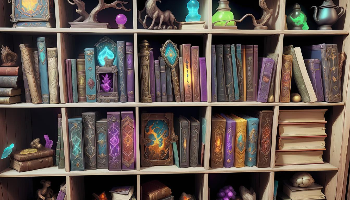  a magical rack with board games and books, on which there are magical artifacts and chests. bright colored light, the effect of magic. rpg style