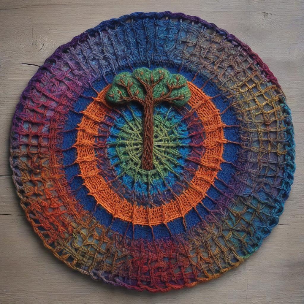  the round element is completely knitted with multicolored threads into the gradient, a beautiful large elm hooked, in the center is an inscription woven from the web "knitted game"