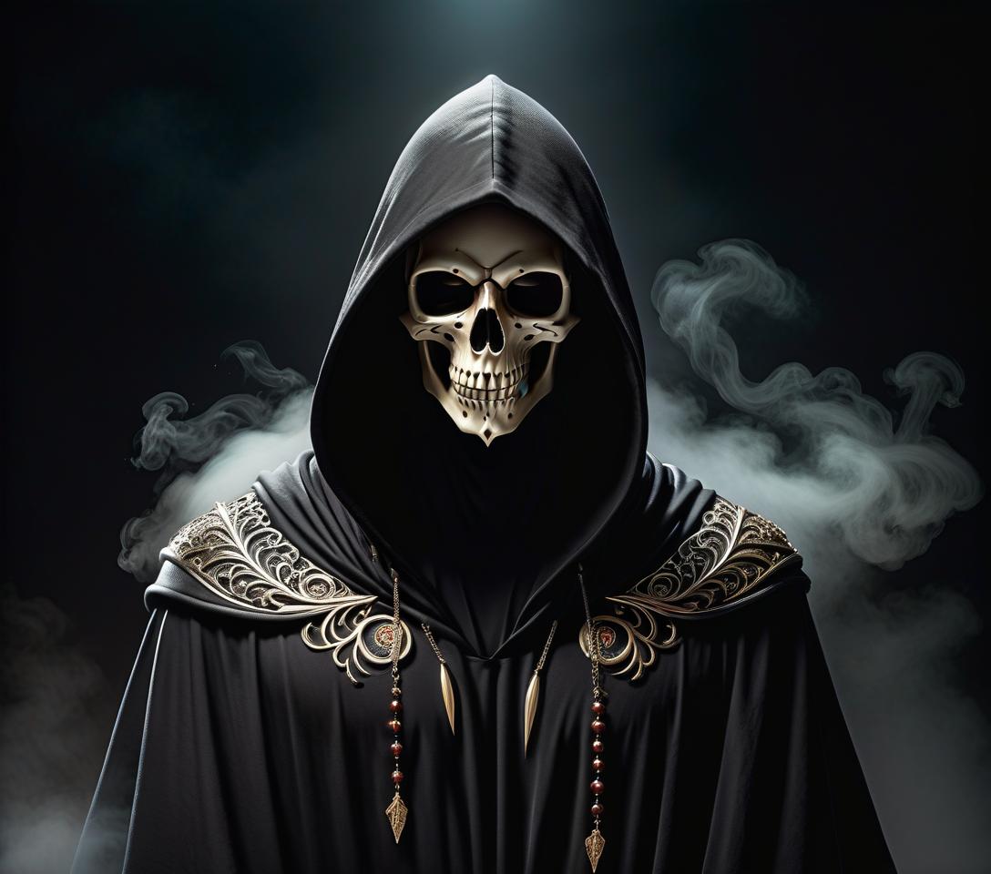  ethereal fantasy concept art of a bony death in a black hood, with a hood covering his face. tea party. . magnificent, celestial, ethereal, painterly, epic, majestic, magical, fantasy art, cover art, dreamy, logo hyperrealistic, full body, detailed clothing, highly detailed, cinematic lighting, stunningly beautiful, intricate, sharp focus, f/1. 8, 85mm, (centered image composition), (professionally color graded), ((bright soft diffused light)), volumetric fog, trending on instagram, trending on tumblr, HDR 4K, 8K