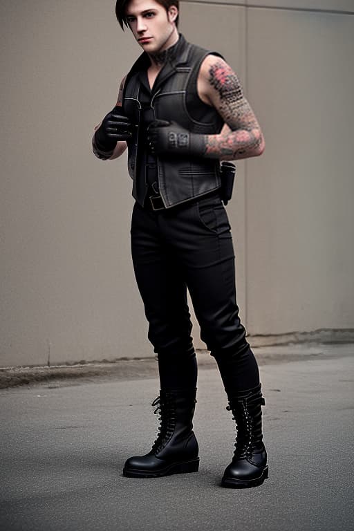  brunette guy with short hair, black vest. tattoos on hands, half gloves, black pants. boots on feet, agent