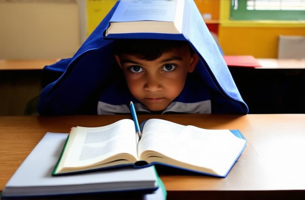  a primary school child put a book on his head with the cover up, tired of studying, sitting at the table ar 3:2 {prompt}, maximum details