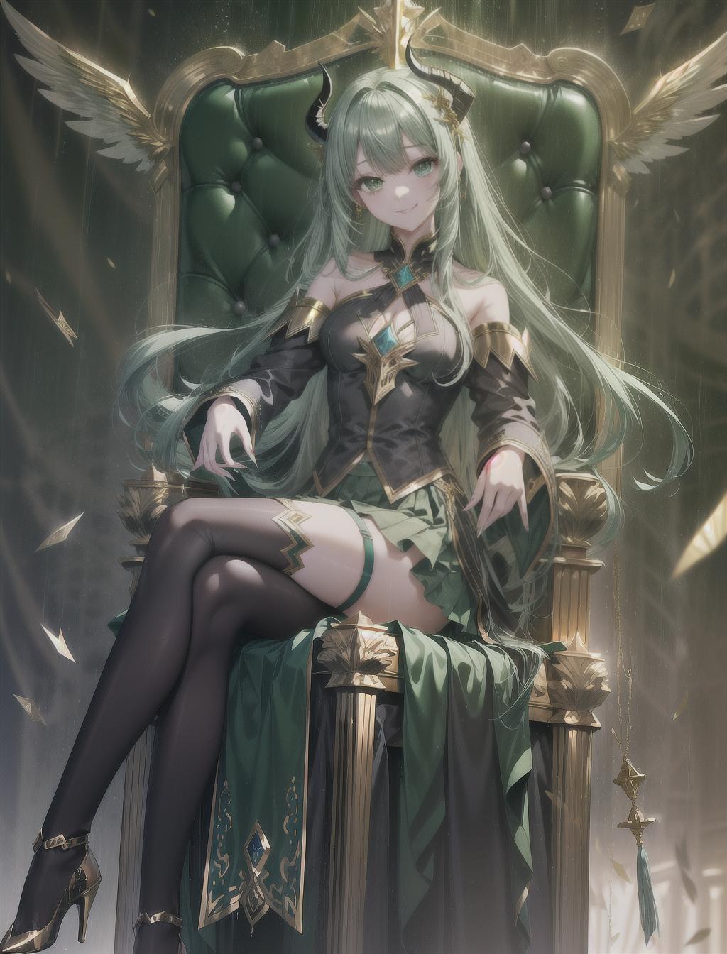  masterpiece, best quality, solo, thin, elegant, sharp features, long fingers resembling claws, cold green eyes, light green tied long hair, adorned with golden pins, black thigh high heels, skirt, demon wings, tattoos, gold accessories, smiling, throne, raining money