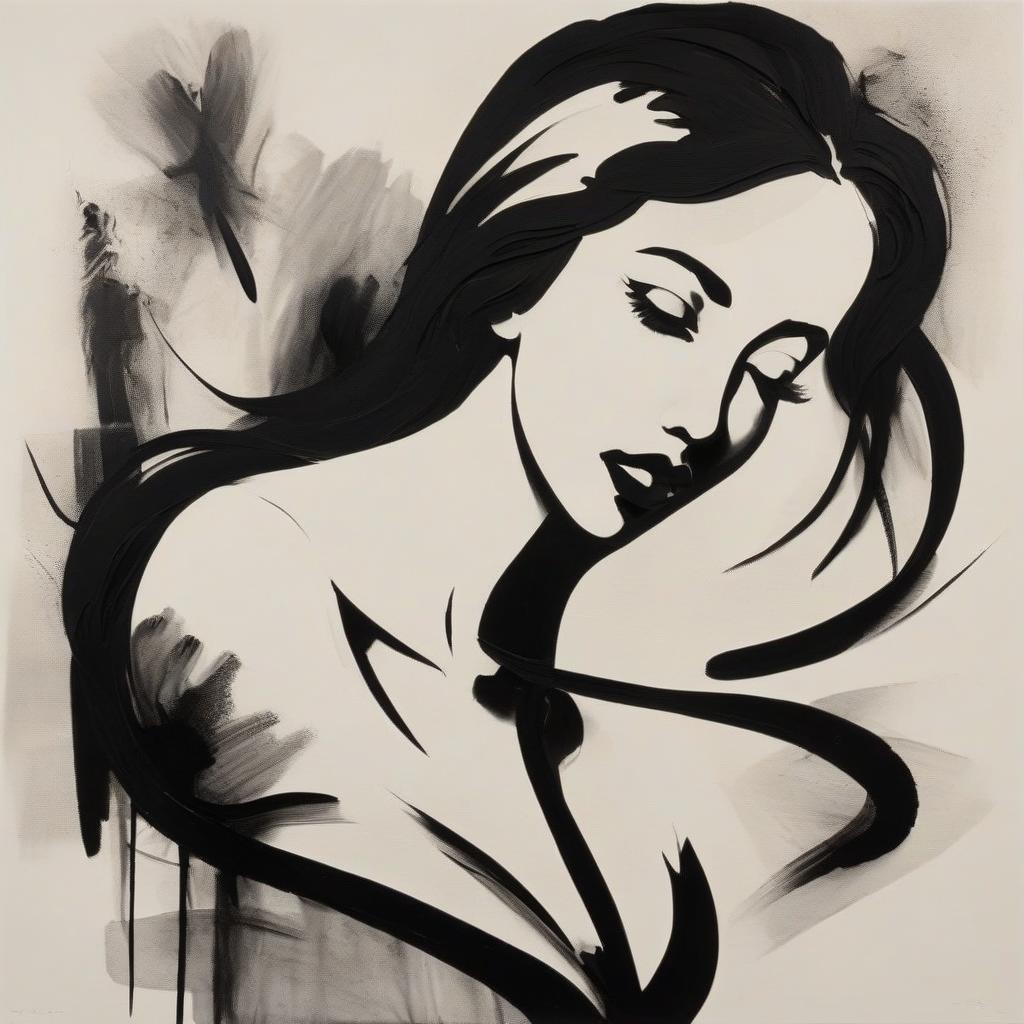  silhouette style (masterpiece, stunning, high resolution: 1.3), abstract expressionist, elegant, masterly pretentious drawing, silhouette of a gorgeous young woman, (graceful curves: 1.2), made with intricate strokes of black ink, smooth movement, (fine lines of mascara: 1.1), emphasizing contours, flat drawing on textured rice paper, merging with abstract art (bold strokes: 1.3), conveying emotion and movement, the accent complements rich and bold tonal contrasts, enlivens a serene and captivating atmosphere, a carefully balanced composition creates a feeling of fluidity and grace. . high contrast, minimalistic, black and white, stark, dramatic