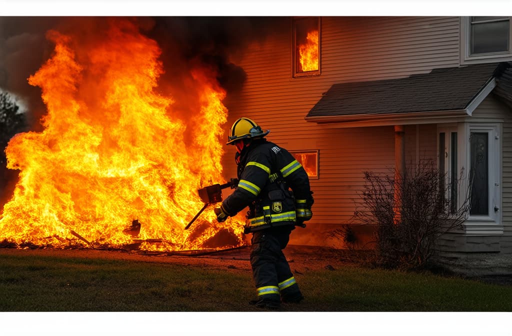  a firefighter puts out a fire in a burning house ar 3:2 {prompt}, maximum details