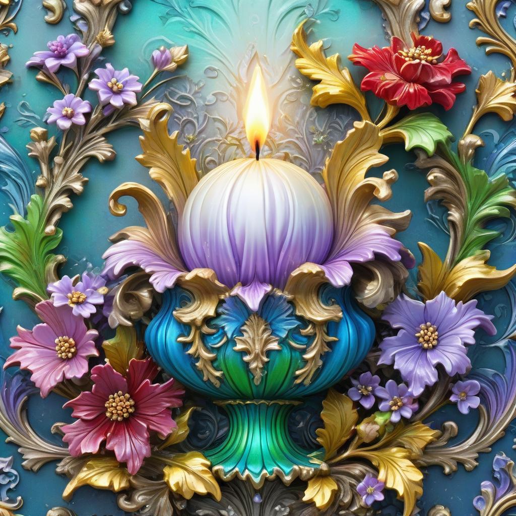  fairy tale a masterpiece. digital illustration. decorative exquisite carved candle gilded one. blue, green, yellow, lilac colors. exquisite rococo pattern, golden highlights, neon splashes, mother of pearl, silver background with small beautiful red and white flowers, hyperrealism, maximum elaboration, 8k . magical, fantastical, enchanting, storybook style, highly detailed