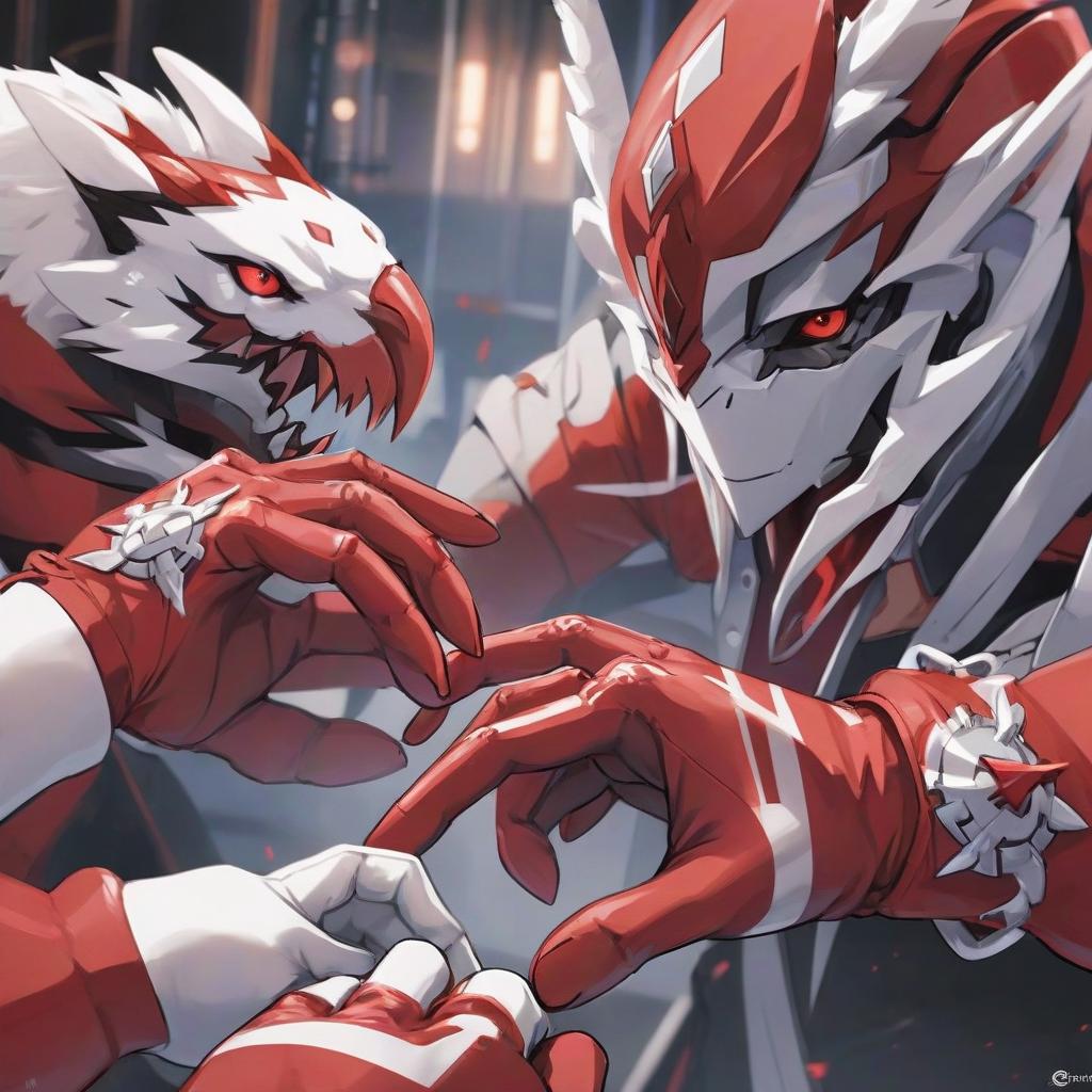  anime artwork the gloves are both red, there are white details and there are claws. layout . anime style, key visual, vibrant, studio anime, highly detailed