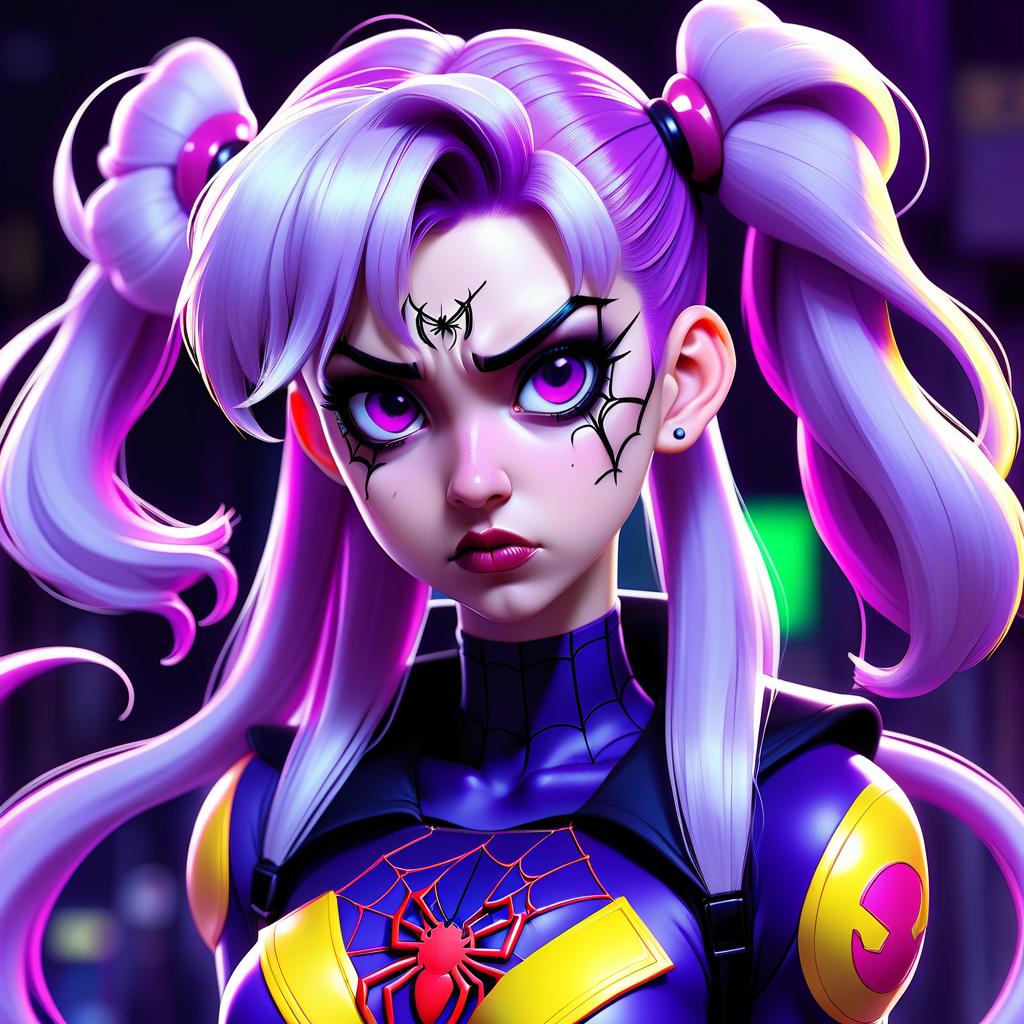  anime artwork gothic style, anime, girl with purple hair, one ponytail on her head, sailor moon costume, gwen stacey costume, spider, spider man, cyberpunk, neon, gothic makeup, frowny face . anime style, key visual, vibrant, studio anime, highly detailed, hkmagic