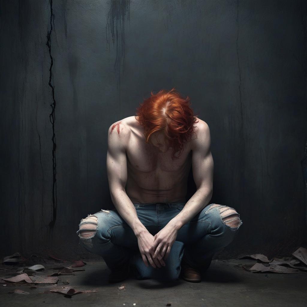  horror themed a red haired of 1 wearing ripped jeans and no shirt. he stands full length with his eyes closed and his head down, clasping his hands to his , leaning against a dark riddled wall. it's overcast. . eerie, unsettling, dark, spooky, suspenseful, grim, highly detailed