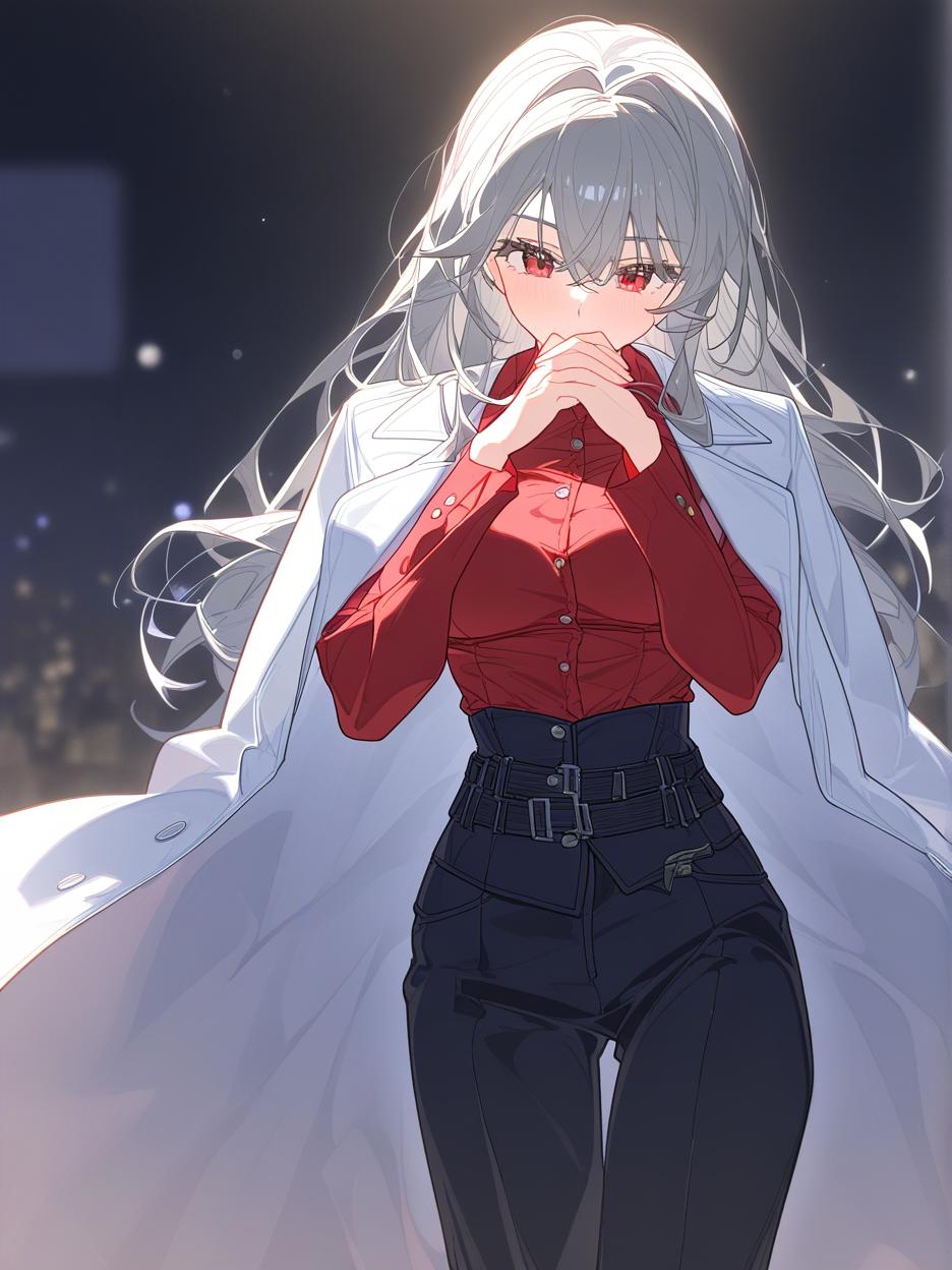  a strong woman, silver long hair, covering her face. she has deep, beautiful red eyes that are very prominent, white eyelashes that are very prominent in the eyes. she wears dark dress pants. a red shirt with buttons on the front seam, two thin belts under the bust. a light gray lab coat on the shoulders. a very strong and slender body, his strong abdomen shows in the red shirt. the background is a futuristic area where people practice combat in the background. she has a cup of coffee in her hands. well highlighted eyes with white eyelashes details, 8k. . best quality, high resolution