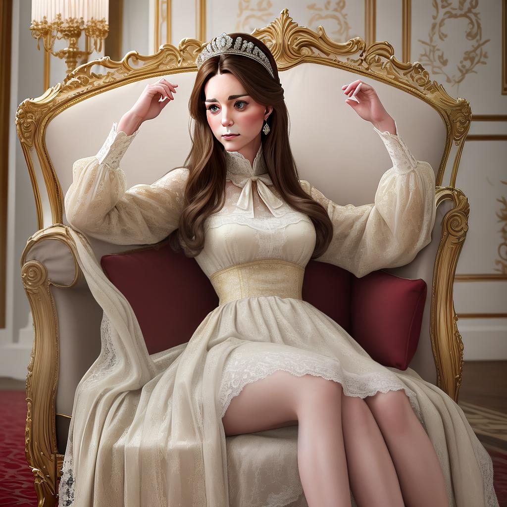  masterpiece, best quality, Capture a close-up shot of Kate Middleton elegantly kneeling on a royal velvet cushion, showcasing her sheer stockings with intricate lace details. The setting is a grand palace room with ornate furniture and golden accents, creating a regal atmosphere. The mood is sophisticated and graceful, highlighting the elegance of the royal figure. Style the photo in a classic and timeless manner, resembling a portrait from a bygone era, with soft lighting and rich colors. Realize this prompt using Kodak Portra 400 film for a warm and luxurious look.