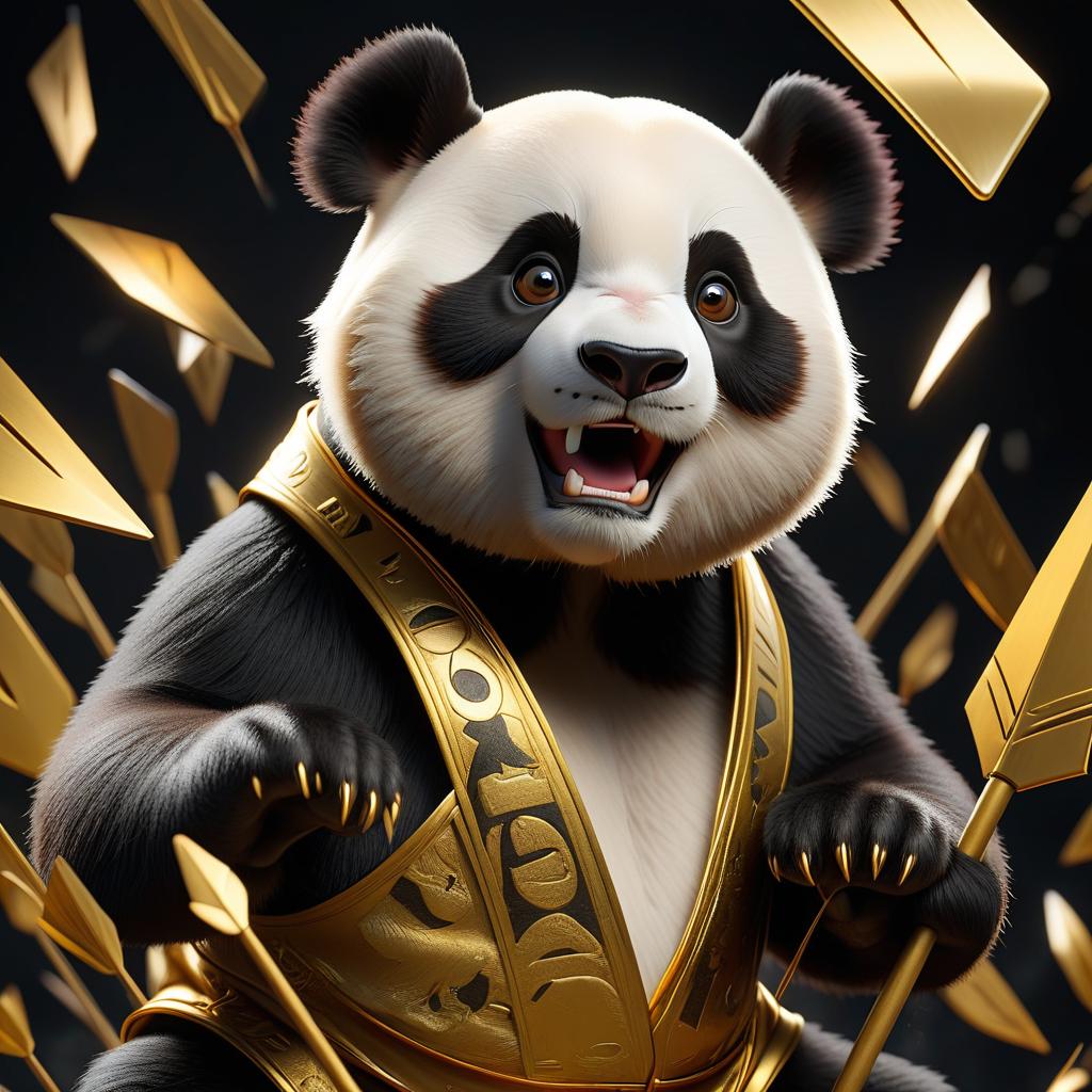  create a golden colored picture in the center of a cartoon brutal panda on the side with up and down arrows on a black background with m dollars hyperrealistic, full body, detailed clothing, highly detailed, cinematic lighting, stunningly beautiful, intricate, sharp focus, f/1. 8, 85mm, (centered image composition), (professionally color graded), ((bright soft diffused light)), volumetric fog, trending on instagram, trending on tumblr, HDR 4K, 8K