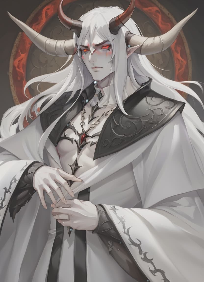  breathtaking man demon, white skin, red eyes, black hair, white horns, medieval warm black clothing . award winning, professional, highly detailed