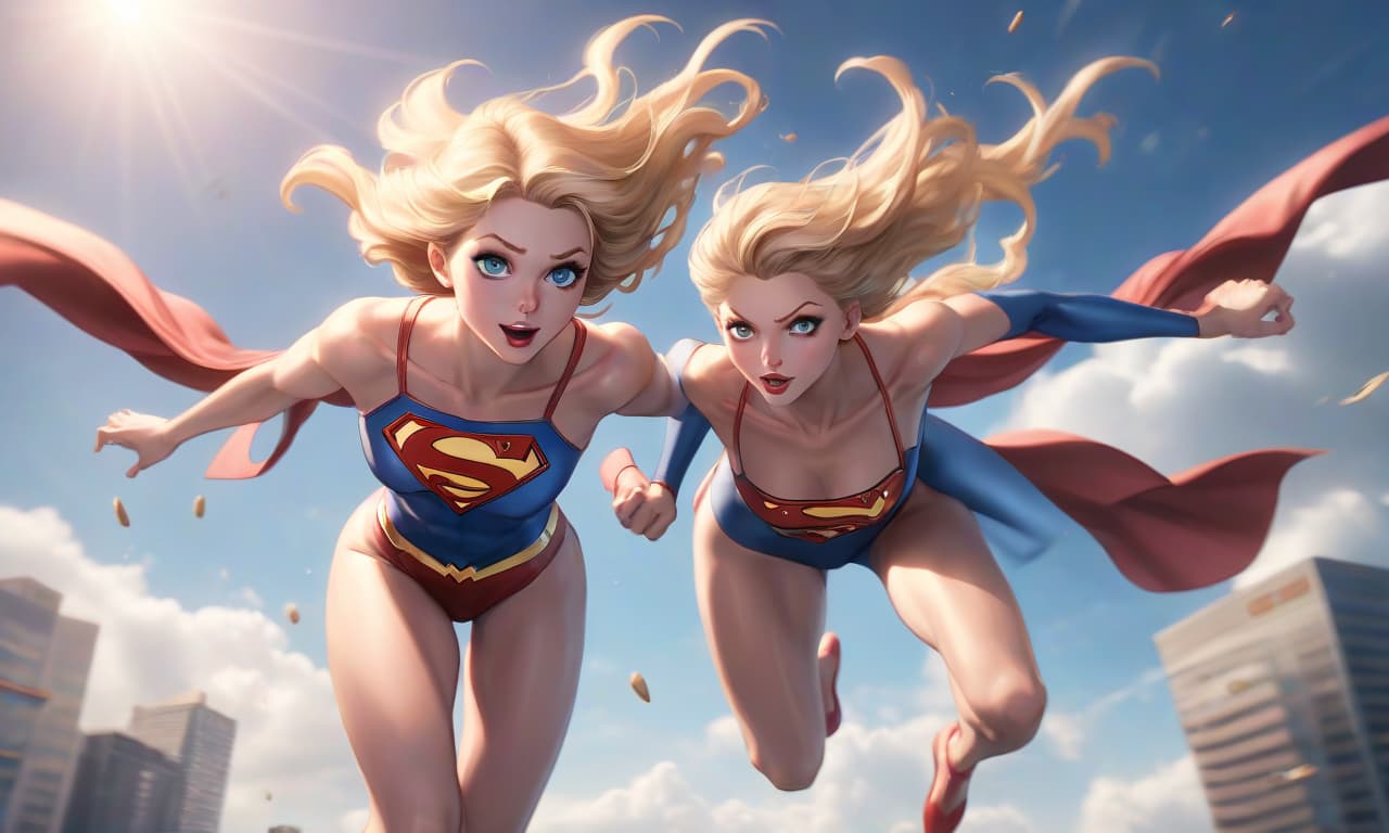  food photography style dynamic a supergirl in a swimsuit is flying through the sky . appetizing, professional, culinary, high resolution, commercial, highly detailed