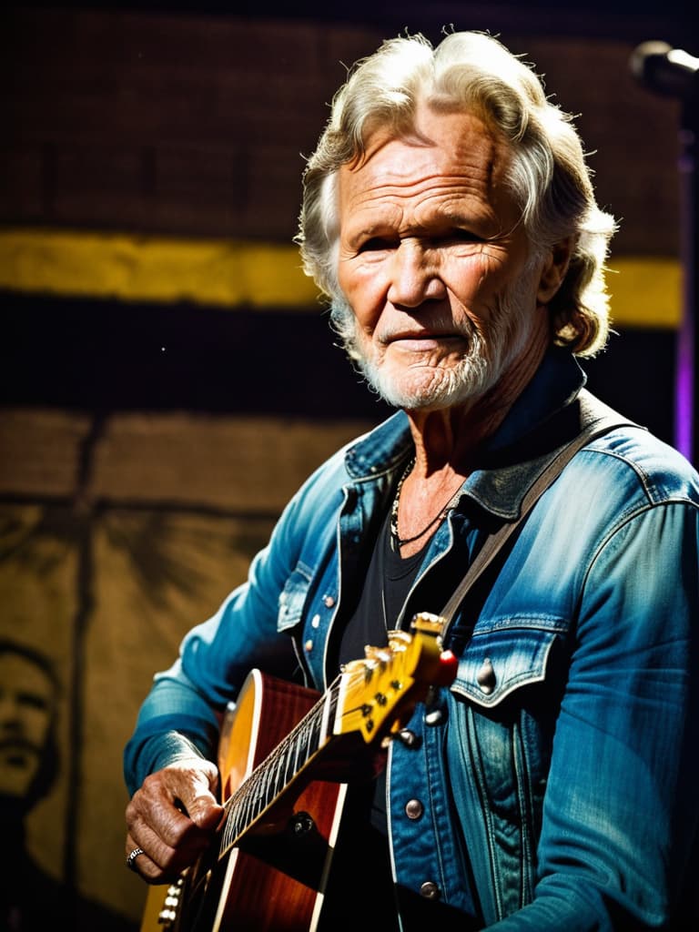  A portrait of Country singer, Kris Kristofferson, medium shot, upper body, spotlight, long exposure lighting, street art style spray paint, glamour lighting