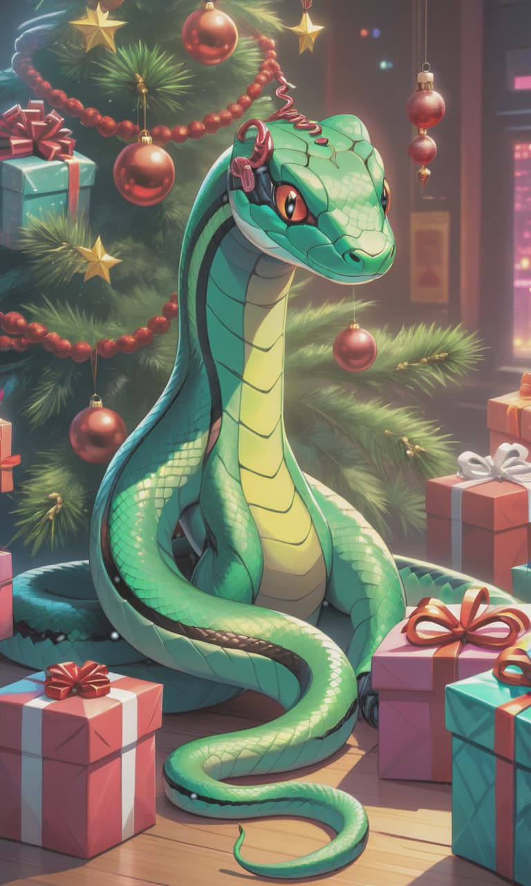  retro cyberpunk a cute green snake under the christmas tree with gifts in watercolor style . 80's inspired, synthwave, neon, vibrant, detailed, retro futurism hyperrealistic, full body, detailed clothing, highly detailed, cinematic lighting, stunningly beautiful, intricate, sharp focus, f/1. 8, 85mm, (centered image composition), (professionally color graded), ((bright soft diffused light)), volumetric fog, trending on instagram, trending on tumblr, HDR 4K, 8K