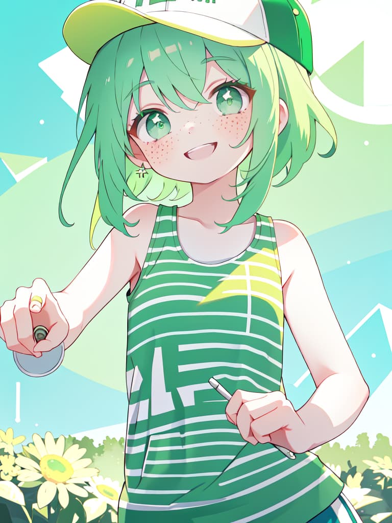  ,baseball cap,green hair,freckles,white tank top,striped ,,smile,, masterpiece, best quality,8k,ultra detailed,high resolution,an extremely delicate and beautiful,hyper detail