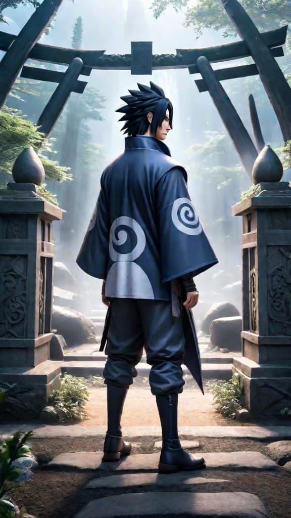  anime art: sasuke uchiha at konoha's gates, torn between vengeance, power, and forging his own destiny. hyperrealistic, full body, detailed clothing, highly detailed, cinematic lighting, stunningly beautiful, intricate, sharp focus, f/1. 8, 85mm, (centered image composition), (professionally color graded), ((bright soft diffused light)), volumetric fog, trending on instagram, trending on tumblr, HDR 4K, 8K