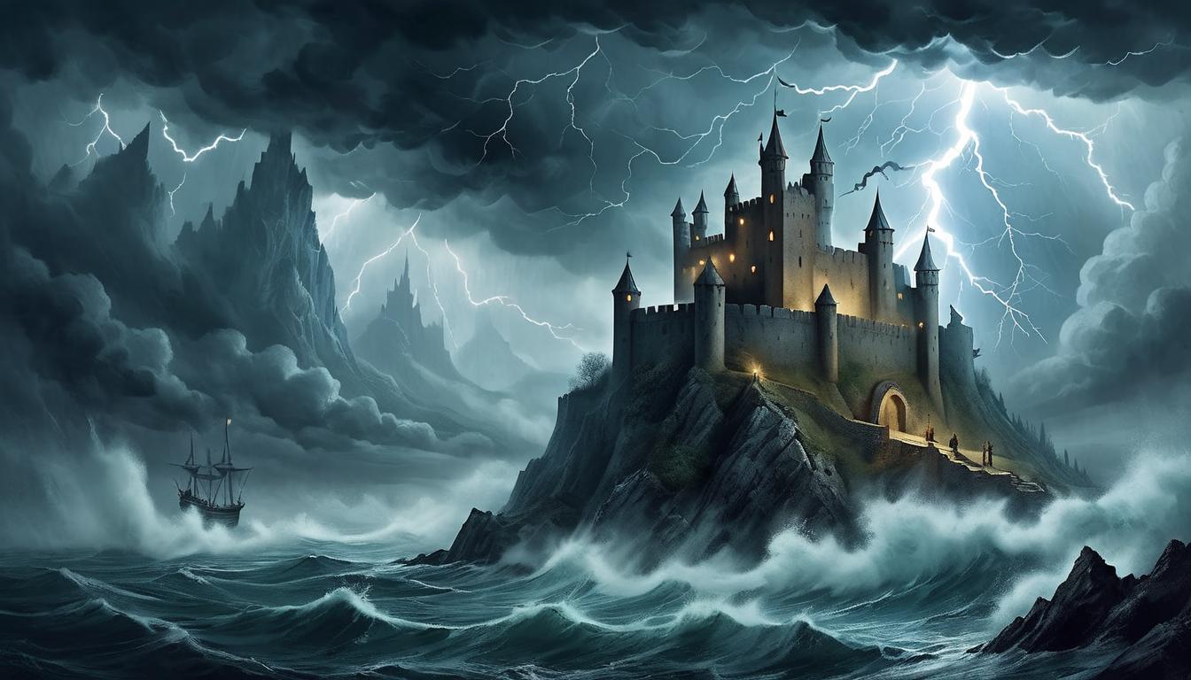  on parchment, surrealism+++, a fortress standing tall against a storm, lightning illuminating its form, resilience, unwavering(mysterious, provocative, symbolic,muted color)+++