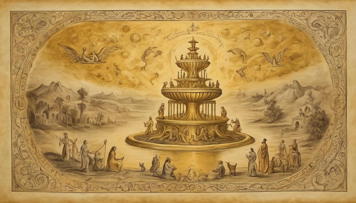  on parchment, surrealism++, golden fountain overflowing, divine prosperity, celestial promises, ethereal abundance(mysterious, provocative, symbolic)++